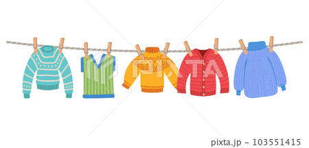 Clothes on rope. sweaters socks outdoor. Vector template illustration isolated 103551415