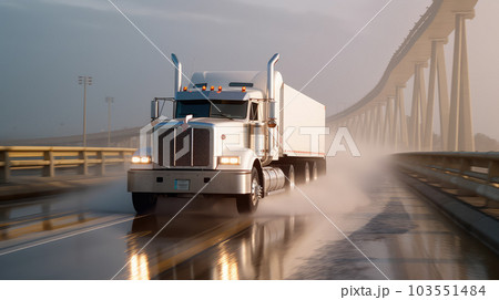 Generative ai illustration of Large truck speeding on a empty road 103551484