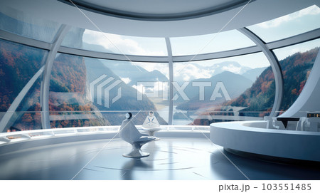 Generative ai illustration of sci-fi futuristic interior design with large windows 103551485