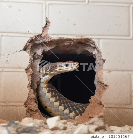 A hole in the wall is broken, a snake's head protrudes from the hole, close-up, a dangerous situation 103551567