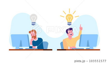 Two workers with and without idea. People working at computers. Solution light bulbs. Businessman brainstorming. Failure and success. Office employees. Inspiration lamp. Vector concept 103551577