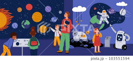 Planetarium excursion. Visitors of space museum listen to guide. Solar system and astronomical objects. Children looks through telescope. Exhibition in observatory. Garish vector concept Planetarium excursion. Visitors of space museum listen to guide. Solar system and astronomical objects. Children looks through telescope. Exhibition in observatory. Garish vector concept 103551594