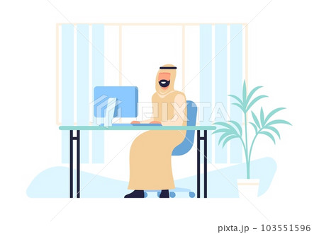 Muslim man working at desk on computer. Office worker in traditional arab clothing. Arabian male sitting on chair. Islamic businessman at PC table. Entrepreneurs workplace. Vector concept Muslim man working at desk on computer. Office worker in traditional arab clothing. Arabian male sitting on chair. Islamic businessman at PC table. Entrepreneurs workplace. Vector concept 103551596