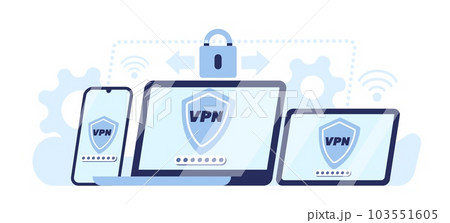 Laptop, tablet and smartphone monitors show VPN connection. Security software. Password protection. Authentication key lock. Network technology. Computer web access. Vector concept 103551605