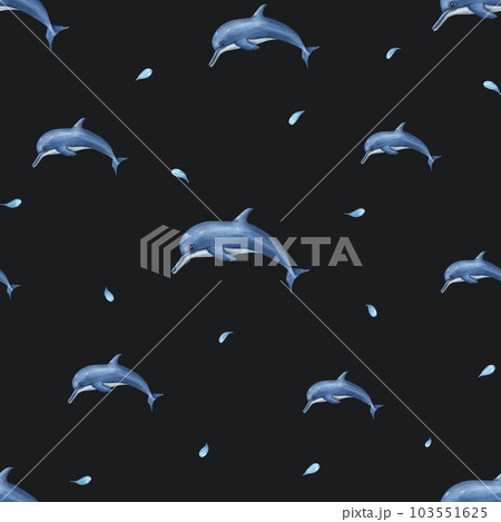 Watercolor underwater seamless pattern of swimming dolphins isolated on black background. Print for design, background, menus, wallpaper, fabric, textile, wrapping. 103551625