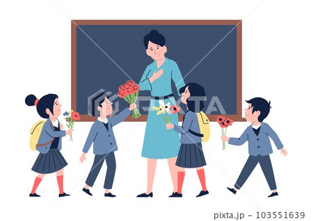 Teachers day scene. Students present professor flowers bouquets. Happy little kids, primary school characters. Professional holiday recent vector scene 103551639