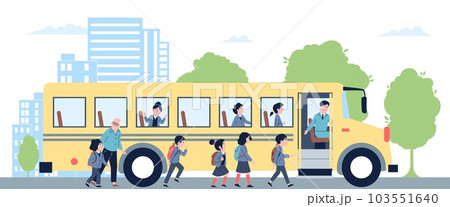 Yellow school bus, student go to transport. Cartoon pupil morning, children with backpack go to study. Kid transportation recent vector concept 103551640