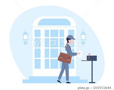 Postman in uniform deliver mail. Delivery envelope, man post worker and message. Social service profession, delivering at address, recent vector scene 103551644
