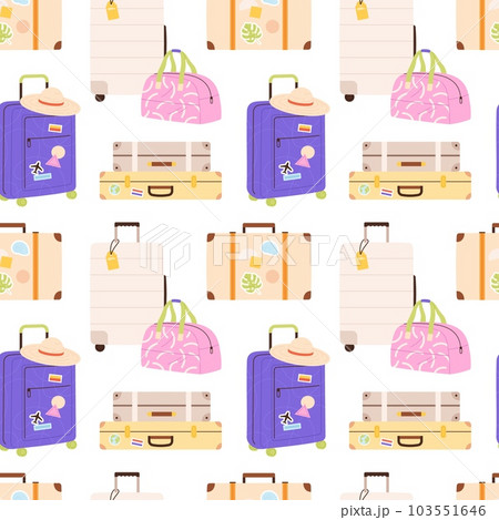 Cartoon flat suitcases. Luggage bags seamless pattern, decorative vacation elements print. Travel and moving, fashion racy vector background 103551646