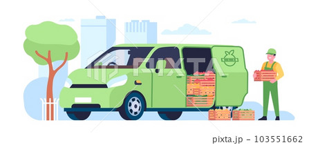 Delivery of farm fresh fruits and vegetables. Deliveryman holding box of natural products. Man loading crates into automobile van. Agriculture harvest. Courier in uniform. Vector concept Delivery of farm fresh fruits and vegetables. Deliveryman holding box of natural products. Man loading crates into automobile van. Agriculture harvest. Courier in uniform. Vector concept 103551662