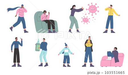 Cartoon ill people. Sick characters. Men or women with seasonal flu medical symptoms. Coughing kids. Sneezing persons. Runny nose spray. Viral diseases. Vector influenza patients set Cartoon ill people. Sick characters. Men or women with seasonal flu medical symptoms. Coughing kids. Sneezing persons. Runny nose spray. Viral diseases. Vector influenza patients set 103551665