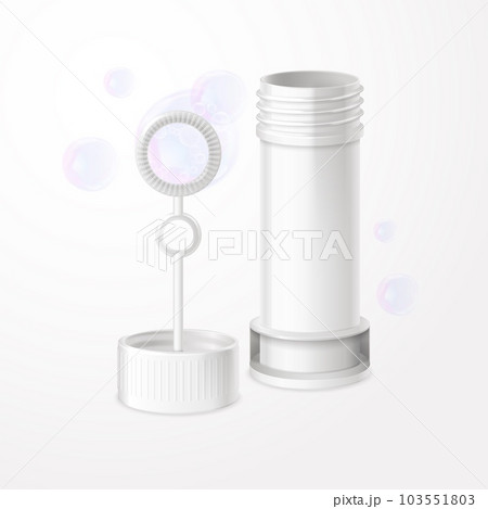 Bubble wand. Soap bubbles blower 3d realistic mockup, stick and bottle for blowing fun foam sphere preschool children fun toy water shampoo balls maker, exact vector illustration Bubble wand. Soap bubbles blower 3d realistic mockup, stick and bottle for blowing fun foam sphere preschool children fun toy water shampoo balls maker, exact vector illustration 103551803