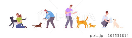 People feeding dogs. Volunteering organization of animal pound support street stray dog, hungry animals begging, man feed in bowl homeless sit doggies splendid vector illustration 103551814