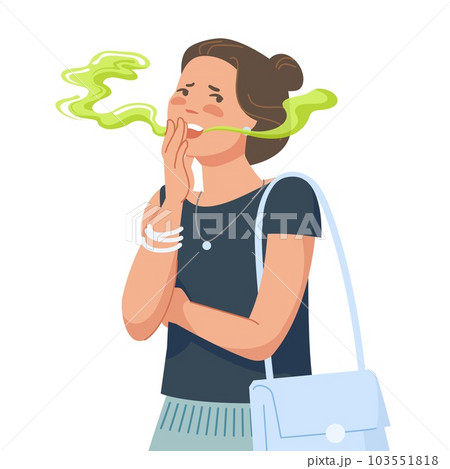 Woman bad breathing. Teenager asian girl with disgusted breath from mouth, bacteria halitosis disease or dental tooth trouble, smelly odor stink in conversation vector illustration Woman bad breathing. Teenager asian girl with disgusted breath from mouth, bacteria halitosis disease or dental tooth trouble, smelly odor stink in conversation vector illustration 103551818