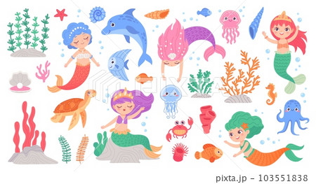 Mermaids and seaweed. Swimming mermaid little princess with sea plant and marine animals, stickers for child aquarium ocean underwater girl characters ingenious vector illustration 103551838
