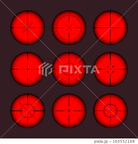 Various weapon thermal infrared sights, sniper rifle optical scopes. Hunting gun viewfinder with crosshair. Aim, shooting mark symbol. Military target sign. Game UI element. Vector illustration Various weapon thermal infrared sights, sniper rifle optical scopes. Hunting gun viewfinder with crosshair. Aim, shooting mark symbol. Military target sign. Game UI element. Vector illustration 103552109