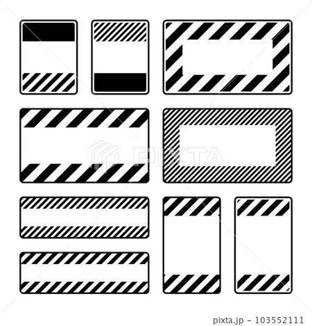 Various blank black warning signs with diagonal lines. Attention, danger or caution sign, construction site signage. Realistic notice signboard, warning banner, road shield. Vector illustration 103552111