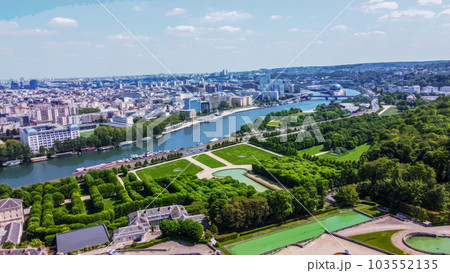 Aerial View on Paris and Seine river from Boulogne-Billancourt (Saint-Cloud) with consert hall "Musical Seine" and district Billancourt-Rives de Seine Aerial View on Paris and Seine river from Boulogne-Billancourt (Saint-Cloud) with consert hall "Musical Seine" and district Billancourt-Rives de Seine 103552135