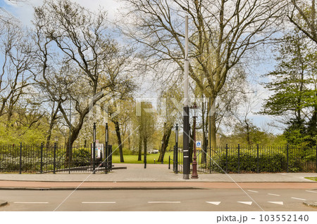 a park with trees in the background and white lines painted on the ground to make it look like an intersection a park with trees in the background and white lines painted on the ground to make it look like an intersection 103552140