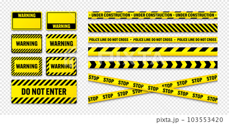 Various barricade construction tapes and warning shields. Yellow police warning line, brightly colored danger or hazard stripe, ribbon. Restricted area, zone. Attention symbol. Vector illustration Various barricade construction tapes and warning shields. Yellow police warning line, brightly colored danger or hazard stripe, ribbon. Restricted area, zone. Attention symbol. Vector illustration 103553420