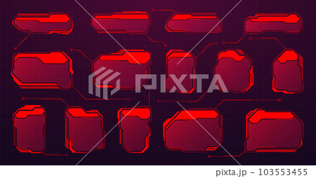 Red futuristic HUD or UI elements. Sci-fi user interface text boxes, callouts. Warning message frames, information boxes template. Modern game interface layout in digital style. Vector illustration Red futuristic HUD or UI elements. Sci-fi user interface text boxes, callouts. Warning message frames, information boxes template. Modern game interface layout in digital style. Vector illustration 103553455