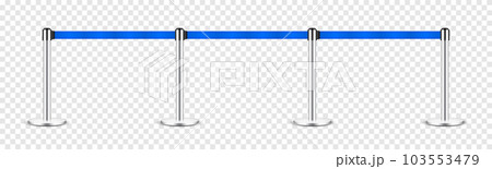Realistic blue retractable belt stanchion. Crowd control barrier posts with caution strap. Queue lines. Restriction border and danger tape. Attention, warning sign. Vector illustration 103553479
