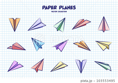 Hand drawn planes on checkered paper sheet. School notebook for drawing. Doodle airplane. Aircraft icon, simple colorful plane silhouettes. Outline, line art. Vector illustration 103553495