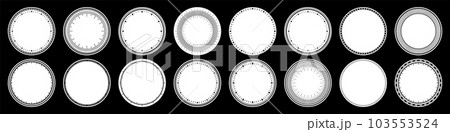 Mechanical clock faces, bezel. Watch dial with minute and hour marks. Timer or stopwatch element. Blank measuring circle scale with divisions. Vector illustration. 103553524