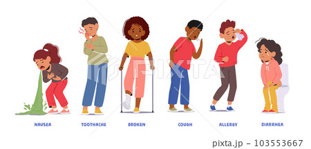 Childhood Illnesses Nausea, Toothache, Broken Foot, Cough, Allergy And Diarreha, Require Medical Treatment Childhood Illnesses Nausea, Toothache, Broken Foot, Cough, Allergy And Diarreha, Require Medical Treatment 103553667