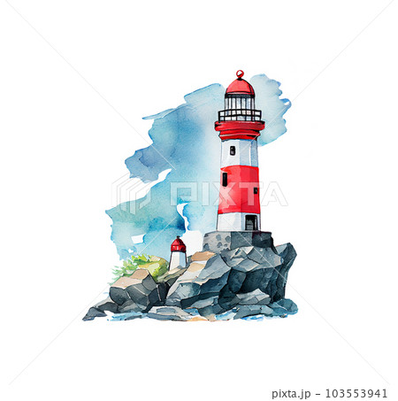 Watercolor lighthouse nautical illustration. Seascape isolated on white Watercolor lighthouse nautical illustration. Seascape isolated on white 103553941
