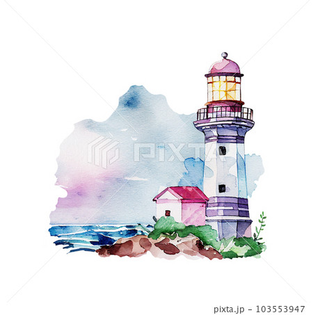 Watercolor lighthouse nautical illustration. Seascape isolated on white 103553947