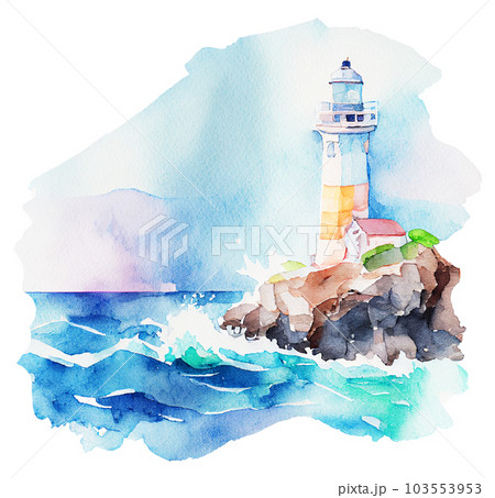 Watercolor lighthouse nautical illustration. Seascape isolated on white 103553953