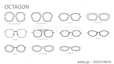 Set of Octagon frame glasses fashion accessory illustration. Sunglass front view for Men, women, unisex silhouette 103554654