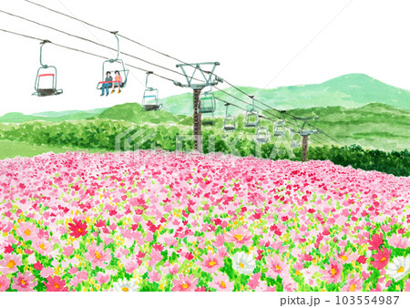 アナログ水彩風景画満開のコスモス畑とリフト 103554987