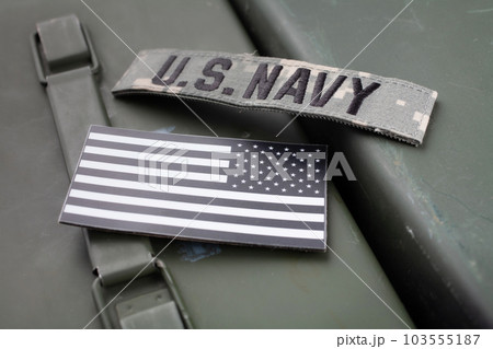 U.S. Navy Branch Tape with national US flag patch on green ammo can 103555187