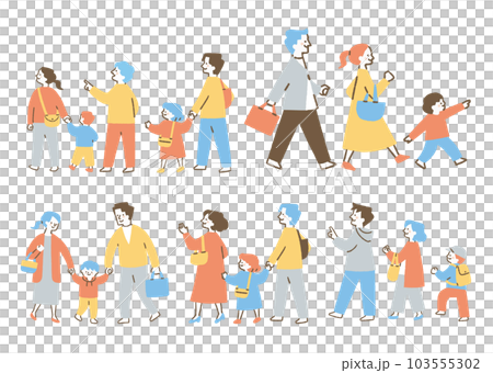 休日に外出する2人家族と3人家族_セット_色 103555302