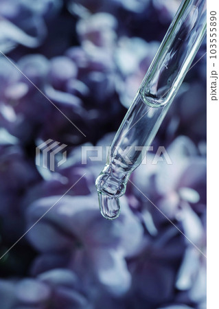 A drop of cosmetic oil falls from the pipette on a purple floral background. 103555890