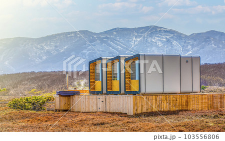 Glamping with romantic location for steaming hot tub warmed by fire wood on the Pacific Ocean on the Kamchatka Peninsula Glamping with romantic location for steaming hot tub warmed by fire wood on the Pacific Ocean on the Kamchatka Peninsula 103556806