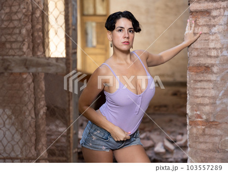 Photo of sexy short-haired brunette in abandoned building Photo of sexy short-haired brunette in abandoned building 103557289
