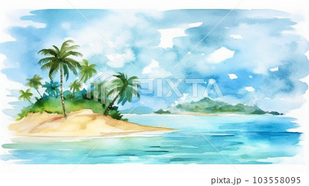 南の島の浜辺と空の背景イメージの水彩画