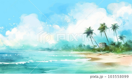 南の島の浜辺と空の背景イメージの水彩画