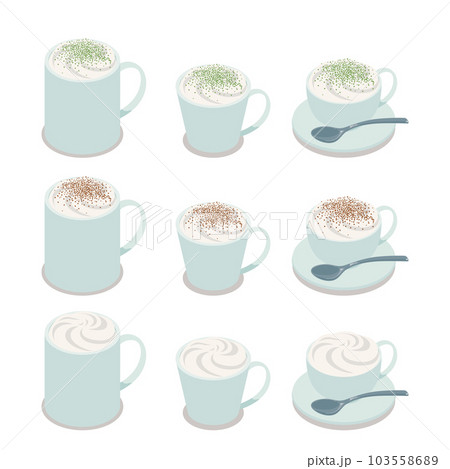 あたたかい抹茶ラテカフェモカキャラメルマキアートのアイソメトリックベクターイラスト 103558689