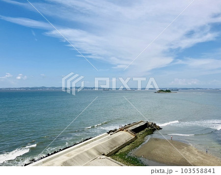 富津岬_富津岬から眺める潮干狩り日和の大潮で引き潮の東京湾砂浜 103558841