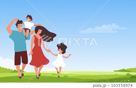 Family with two children walking in the park, banner with copy space for text. Happy mom and dad are walking with their son and daughter on vacation in nature, spring landscape background. Vector flat Family with two children walking in the park, banner with copy space for text. Happy mom and dad are walking with their son and daughter on vacation in nature, spring landscape background. Vector flat 103558974
