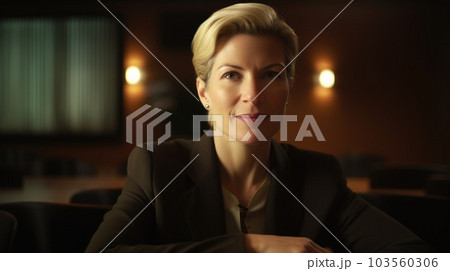 Sales Female Caucasian 40s Giving presentation. Generative AI AIG22. 103560306