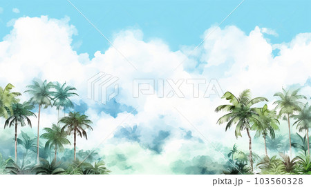 南国の空の背景イメージ-水彩画