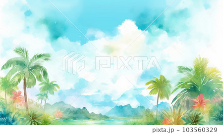 南国の空の背景イメージ-水彩画