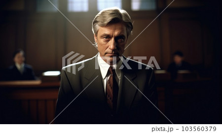 Lawyer Male Caucasian Middle-aged Presenting in court in Courtroom. Generative AI AIG22. 103560379