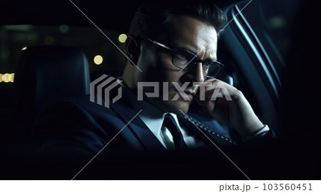 CEO Male Caucasian Mature Making phone calls and negotiating deals in a chauffeured moving car. Generative AI AIG22. 103560451