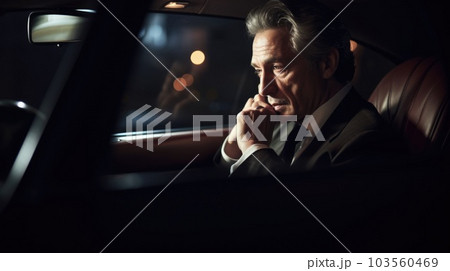 CEO Male Caucasian Mature Making phone calls and negotiating deals in a chauffeured moving car. Generative AI AIG22. 103560469